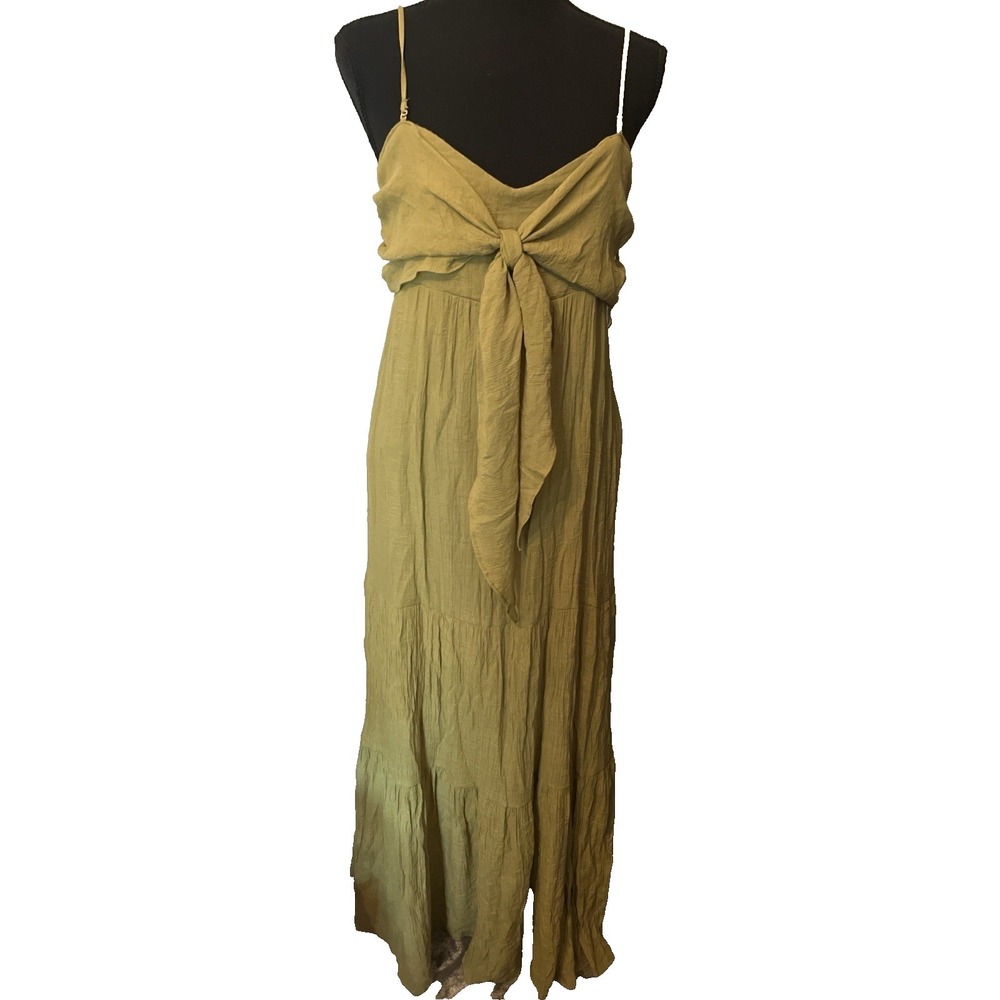 Wishlist Apparel Boho Tie Front Maxi Dress Olive Green Flowy Tiered Cami Dress L - Picture 2 of 4